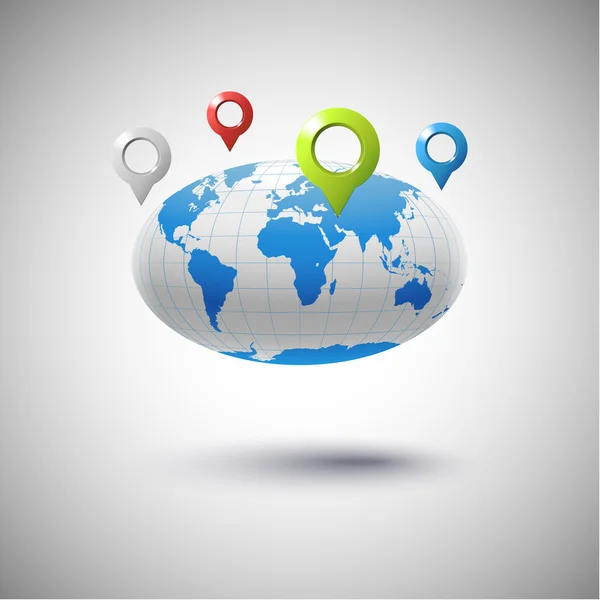 Oval rodean el globo con sombra y marcadores de ubicación — Vector de stock