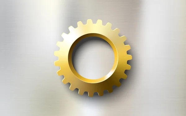 Engrenage doré réaliste sur un fond métallique en acier — Image vectorielle