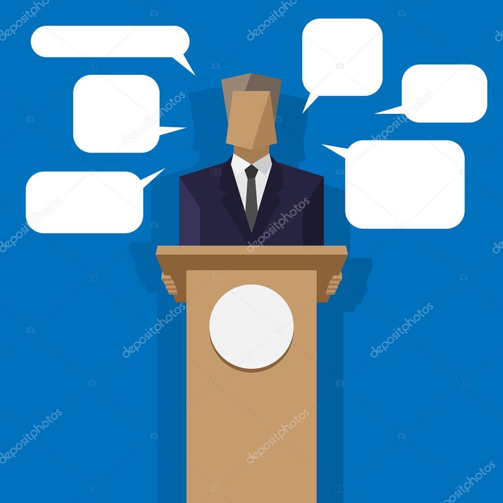 Policies behind the podium with speech bubbles