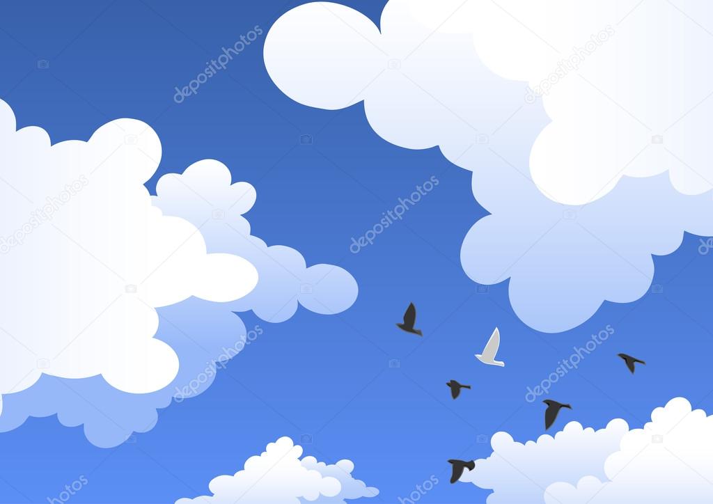 Sky with clouds and a flock of birds