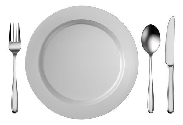 Серебряные столовые приборы с белой пластиной на белом фоне
