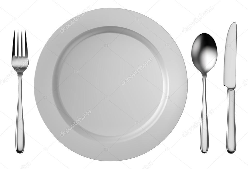 Silver cutlery set with white plate isolated on white background