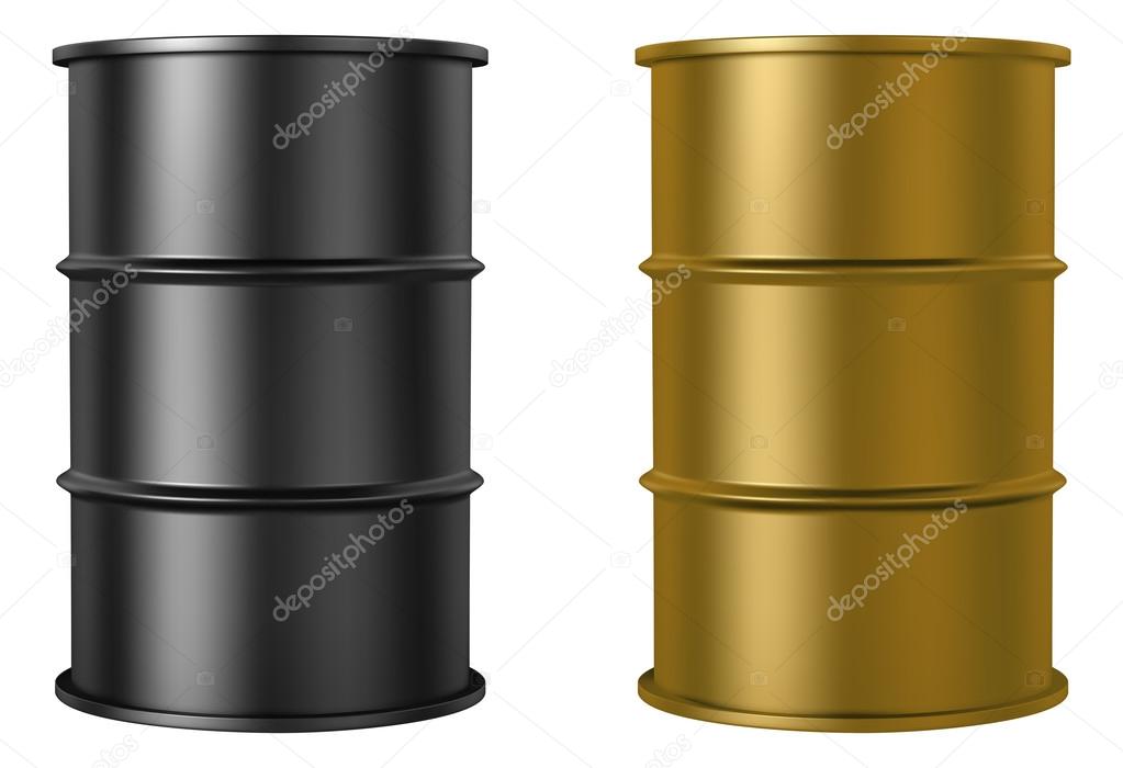 Oil barrels isolated on white background, black and gold color