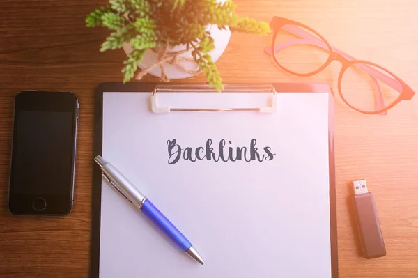 Concepto Negocio Top View Notebook Writing Backlinks — Foto de Stock