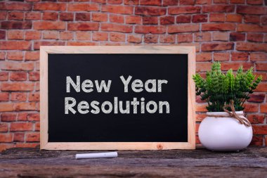 Yeni Yıl Çözüm Sözcüğü yeşil bitkilerle karatahtada