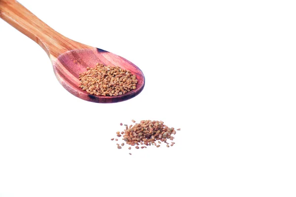 Fenugreek Seeds Brass Spoon Isolated White Background — Stock Photo, Image