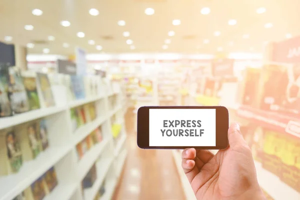 Conceito Negócio Expresso Palavra Smartphone Com Biblioteca Segundo Plano — Fotografia de Stock