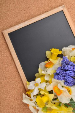 Farklı renkleri nergis ve mavi üzüm sümbül buket