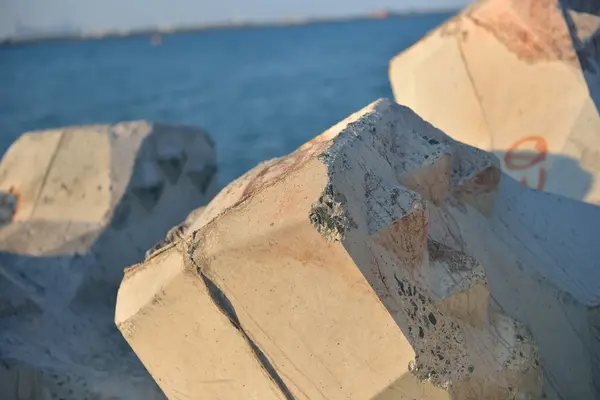 Close up of breakwater made of concrete tetrapods in the sunset, — Stock Photo, Image