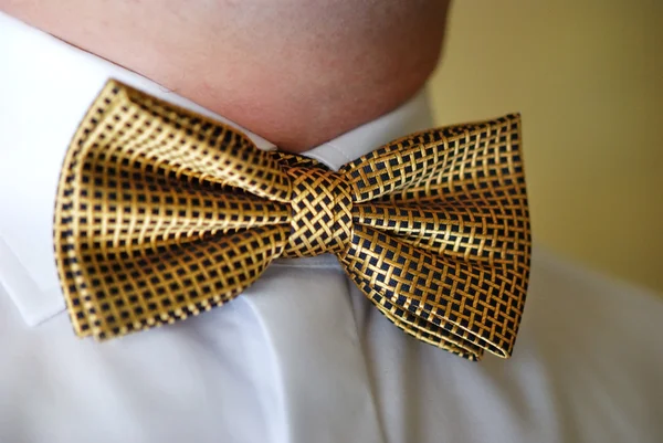 Bruidegom met close-up ouderwetse gouden bowtie en wit overhemd — Stockfoto