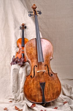 violin and cello on the beige background clipart