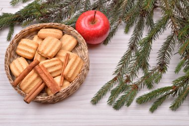 Christmas background with Christmas tree, gingerbread cookies wi