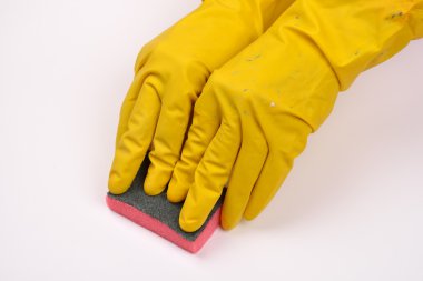 women protecting hand with rubber glove from detergents as they 
