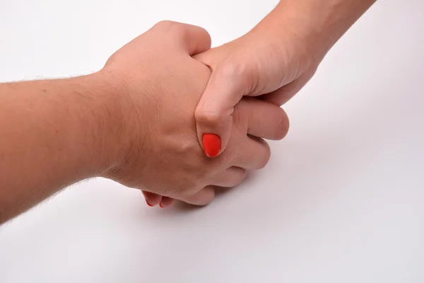 Close up of man and woman shaking hands, isolated on white backg — Stock Photo, Image