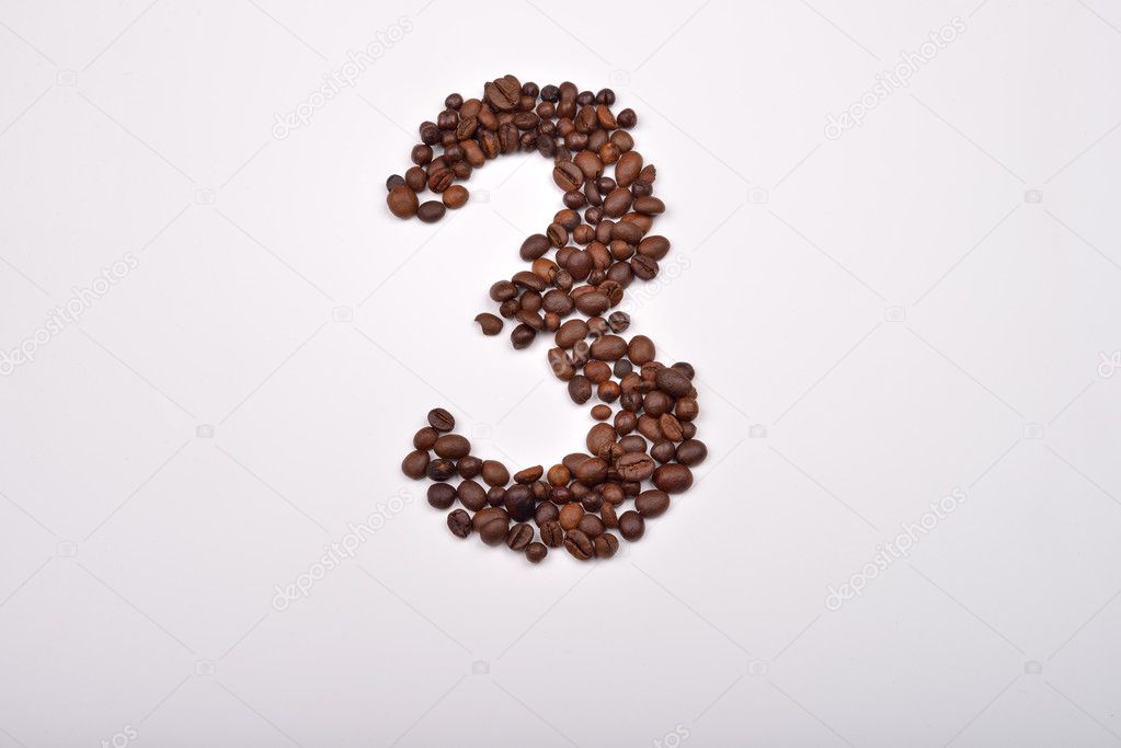 Number three from coffee beans isolated on white background. Lov