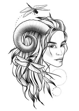 Woman with horn - Succubus, tattoo sketch clipart