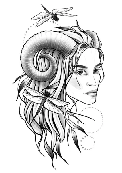 Woman Horn Succubus Tattoo Sketch — Stock Photo, Image