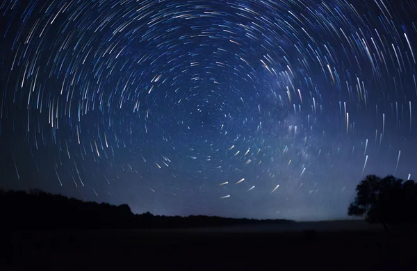 Ein schöner Nachthimmel, die Milchstraße, die Sternenspuren und die Bäume — Stockfoto