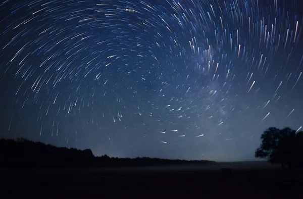 Belo céu noturno, trilhas de estrelas em espiral e a floresta Fotos De Bancos De Imagens
