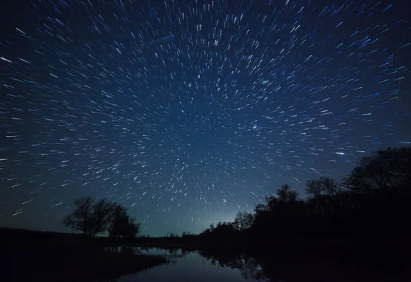 Um lindo céu noturno, Via Láctea, trilhas estelares e as árvores Imagens De Bancos De Imagens