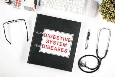 .Doktorun çalışma alanı, merkezde bir klasör üzerinde yazılar var: sindirim sistemi hastalığı.