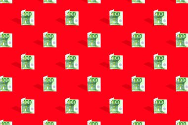 Kırmızı, parlak bir arka planda 100 avroluk banknotların kusursuz deseni. Finansal tasarruf veya işlem kavramı