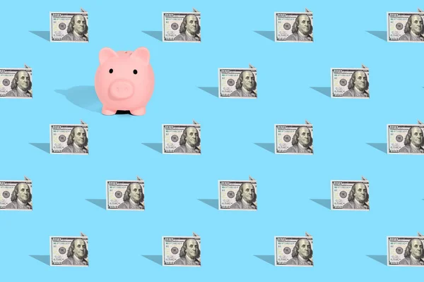 Pattern American Dollar Banknotes Pink Piggy Bank Bright Blue Background — Stock Photo, Image