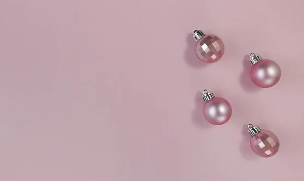 Pink Christmas Balls Pastel Paper Simple Flat Lay Copy Space — Stock Photo, Image