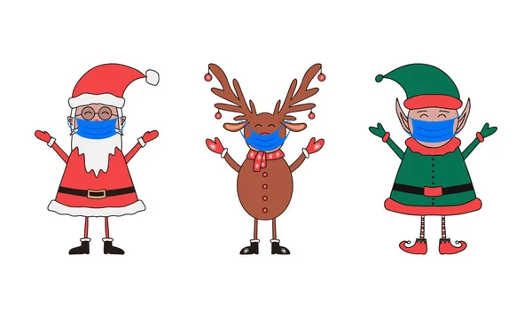 Noel Karakterleri Noel Baba Elf Beyaz Arka Planda Maskeli Geyik — Stok Vektör