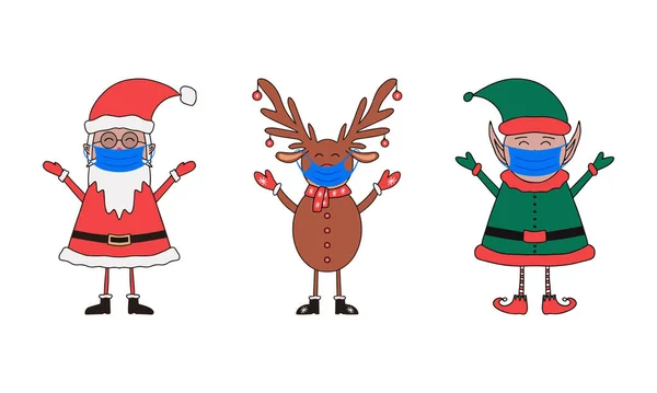 Noel karakterleri, Noel Baba, Elf ve beyaz arka planda maskeli geyik..