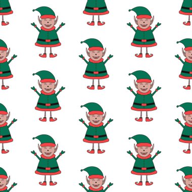 Beyaz bir arka planda izole edilmiş Elf karakterinden yapılmış kusursuz bir Noel deseni.