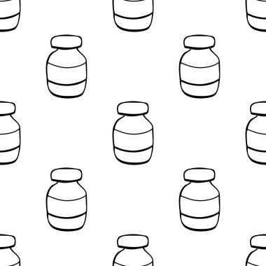 Elle çizilmiş tıbbi şişe illüstrasyonundan yapılmış kusursuz desen. Beyaz bir arkaplanda izole edilmiş.