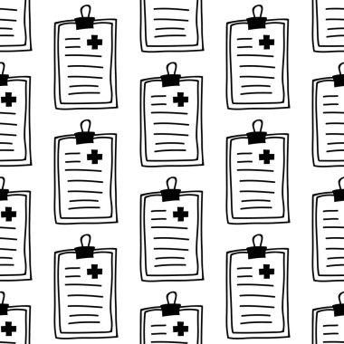 Elle çizilmiş tıbbi raporlardan yapılmış kusursuz desenler. Beyaz bir arkaplanda izole edilmiş.