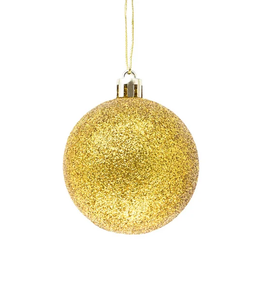 Hanging golden glitter Christmas bauble isolated on white background. — Stock Photo, Image