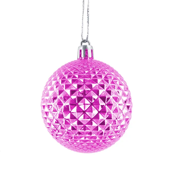 Hanging Pink Shiny Christmas Bauble Isolated White Background — Stock Photo, Image