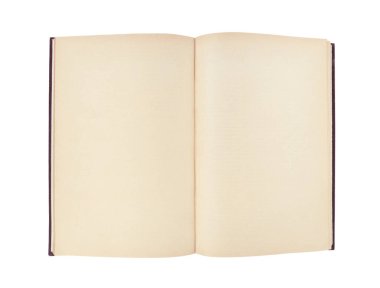 Beyaz arkaplanda boş sayfaları olan eski açık kitap.