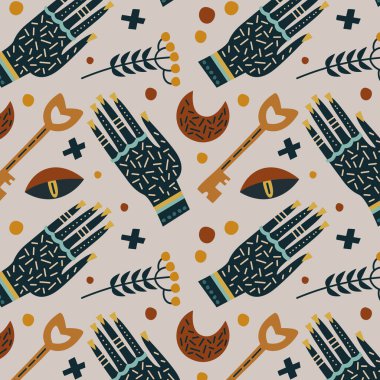 Büyücülük sembollerinin vektör çizimi dövmeli eller ve bitkilerin dalsız desenleri.