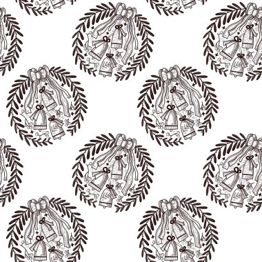 Çanları olan bir Noel çelenginin vektör çizimi. Kusursuz desen.