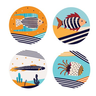 Deniz balıklarıyla dekoratif bir kompozisyonun vektör çizimi
