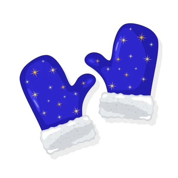 Paar blauer Fäustlinge mit weißem Fell und gelben Sternen oder Schneeflocken als Schmuck. Winterkleidung. — Stockvektor