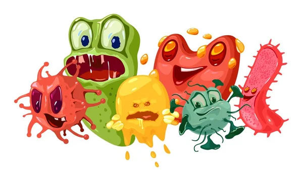 Bacterias de dibujos animados personajes lindos — Vector de stock