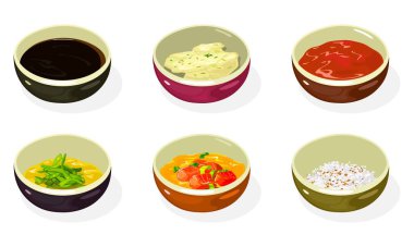 Büyük Asya sosları, soya, peynir, ballı hardal, kimçi, susam tohumu ve fıstık..