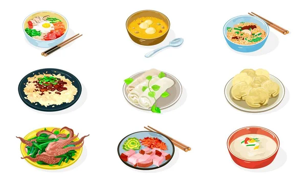 Grande conjunto vetorial de pratos coreanos em tigelas, pratos, molhos, condimentos, pauzinhos, colheres. — Vetor de Stock