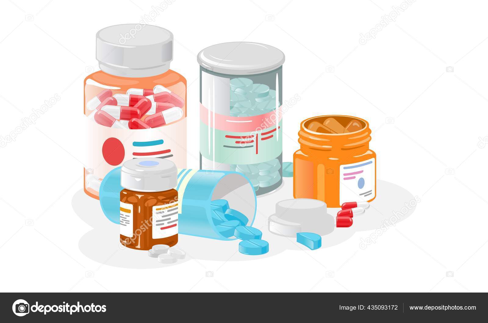 Medicamentos, comprimidos e cápsulas definem ícones isolados dos desenhos  animados. vários remédios, frascos de vidro