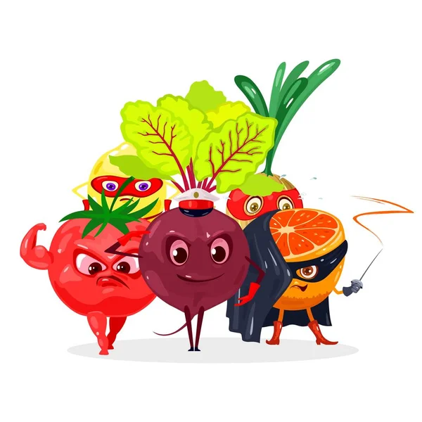 Desenhos animados conjunto de frutas super-herói — Vetor de Stock
