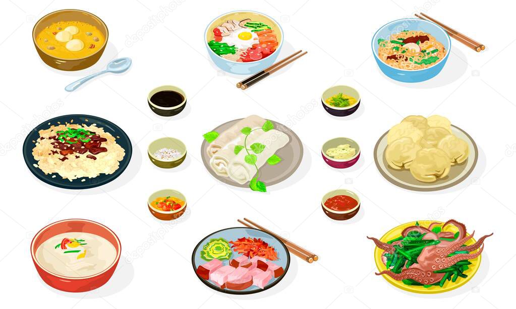 Big vector set of korean dishes in bowls, plates, sauces, condiments, chopsticks, spoons.