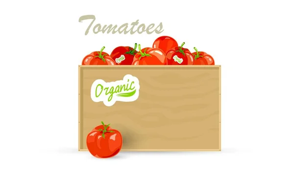 Färska saftiga tomater i trälåda — Stock vektor