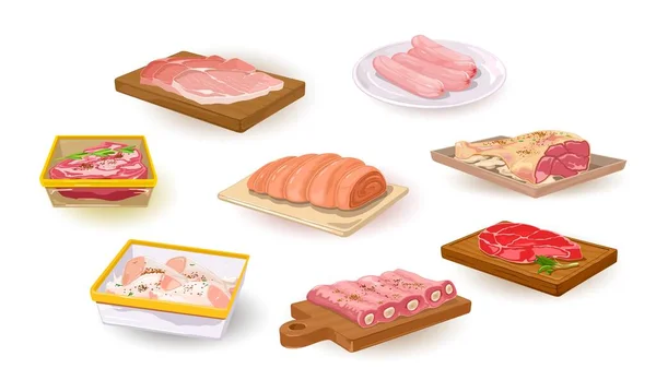 Conjunto de carne sin cocinar de dibujos animados — Vector de stock