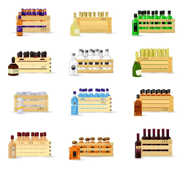 Collection of alcohol drinks sort in boxes — Stock Vector