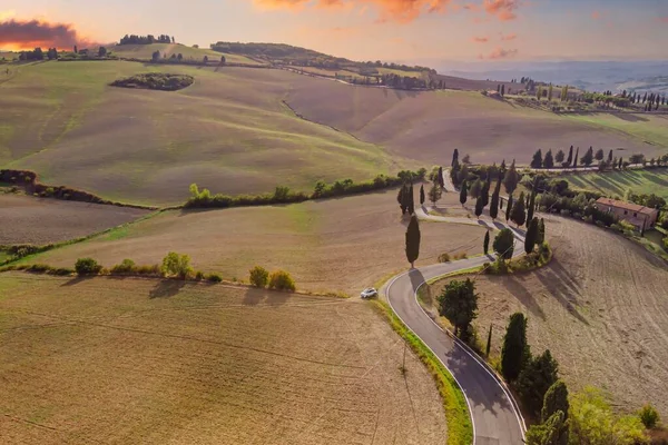 Toscaans Landschap Met Pittoreske Lucht Glooiende Heuvels Hoge Hoekaanzicht — Stockfoto